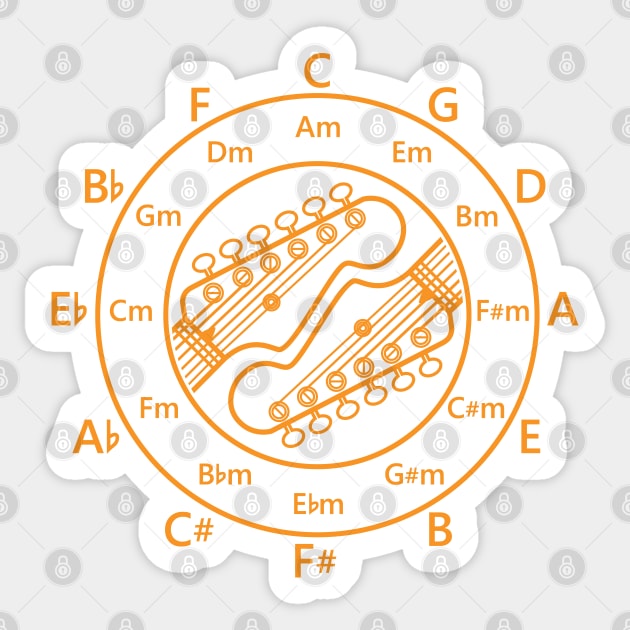 Circle of Fifths Electric Guitar Headstock Outlines Orange Sticker by nightsworthy